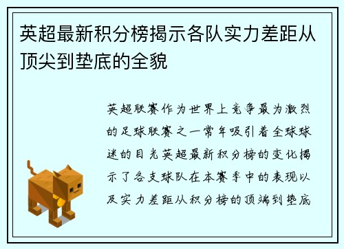 英超最新积分榜揭示各队实力差距从顶尖到垫底的全貌